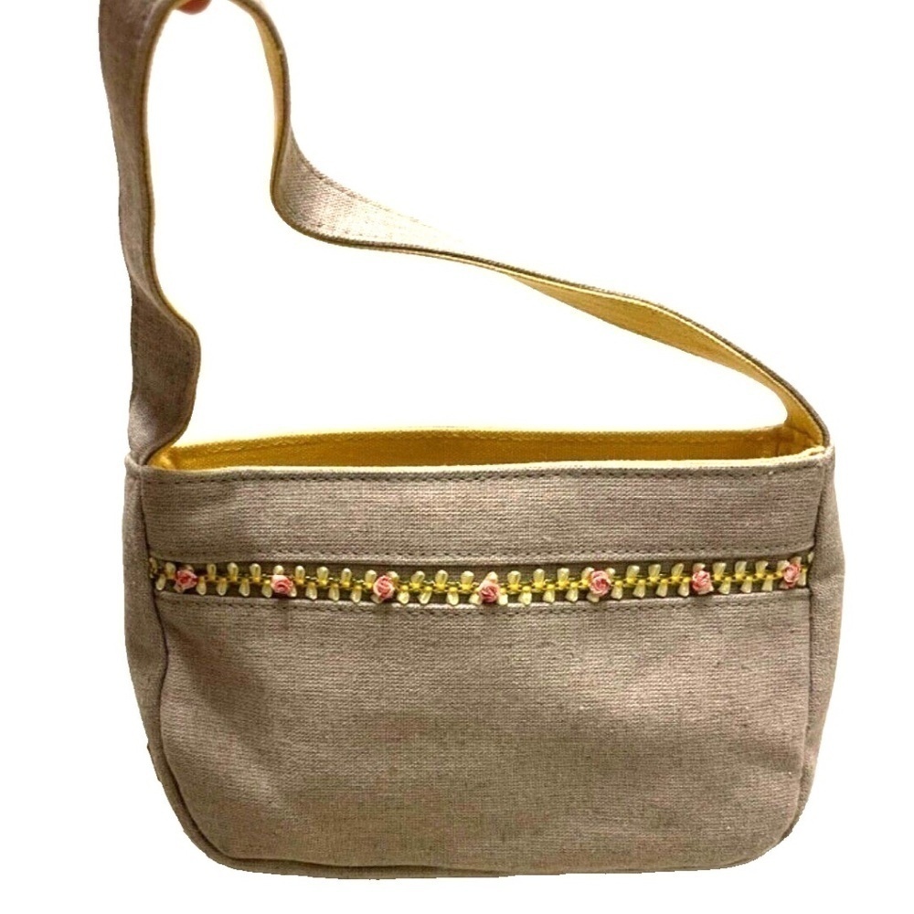 XOXO New York Vintage Y2K Mini Linen Blend Purse; Tan w/ Floral Trim; Yellow Int